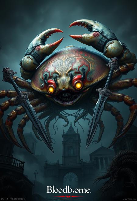 "Hyper-realistic depiction of a stylized crab boss, inspired by the dark, Gothic world of Bloodborne. The crab's shell is a twisted, nightmarish amalgamation of crustacean and human features, with bulging, pulsing growths and eerie, glowing markings. Each claw grasps a unique, ornate sword, adorned with cryptic symbols and macabre decorations. The crab's eyes glow with an otherworldly energy, as if fueled by dark, eldritch powers. The surrounding environment is a dark, mist-shrouded, Victorian-era inspired cityscape, complete with crumbling architecture and twisted, organic growths. Style: extremely detailed, hyper-realistic, and darkly atmospheric, with a focus on capturing the eerie, unsettling essence of Bloodborne's world and the crab's terrifying, imposing presence."