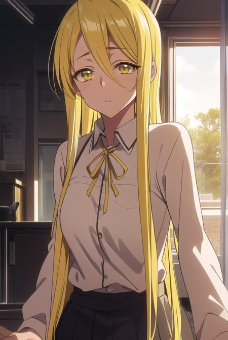 shizukamarikawa, <lora:shizukamarikawatest:1>,
shizuka marikawa, long hair, blonde hair, very long hair, low-tied long hair, (yellow eyes:1.5), hair between eyes,
BREAK skirt, shirt, long sleeves, ribbon, white shirt,
BREAK looking at viewer,
BREAK indoors, classroom,
BREAK <lora:GoodHands-vanilla:1>, (masterpiece:1.2), best quality, high resolution, unity 8k wallpaper, (illustration:0.8), (beautiful detailed eyes:1.6), extremely detailed face, perfect lighting, extremely detailed CG, (perfect hands, perfect anatomy),