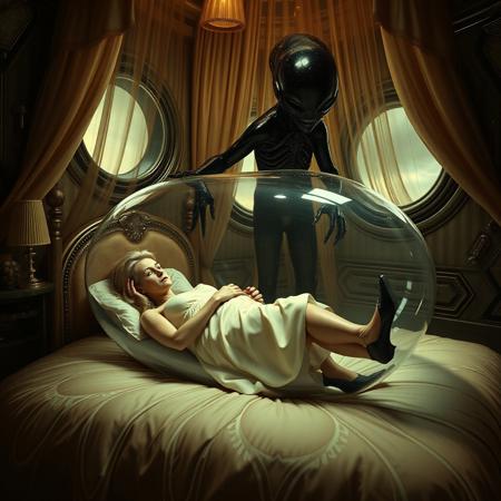 Terrified blonde secretary, clad in a  1950s long delicate silk slip, her glasses askew, pregnant, hands tied to headboard,   laying encased in transparent jelly egg under lush canopy, reflecting the faint glow of the elegant alien lord wife  boudoir. Glossy fluffy  high heels a stark contrast to her distress, as a towering, human-like alien in a glossy black slime baroque  robe looms over her, its long fingers caressing her  pregnant body.The walls appear to be alive, covered in a pulsing, iridescent slime, while giant observation portholes gaze in like empty eyes, as if the very darkness of space itself is watching this horrific scene unfold. Inspired by the dark, industrial sci-fi of H.R. Giger, the eerie, atmospheric lighting of Zdzisław Beksiński, and the surreal, biomechanical nightmares of Francis Bacon.