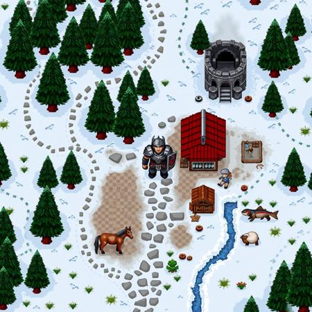 A 16-bit style game screenshot reimagining The Elder Scrolls V: Skyrim as if it were a top-down action RPG released on the SNES. The image should capture the essence of Skyrim's open world and fantasy elements while adhering to the graphical limitations and aesthetic of classic SNES games.
The screen shows a top-down view of a Skyrim-inspired landscape. In the center is the player character, a pixelated Dragonborn hero wearing iconic iron armor and helmet, holding a sword and shield.
Surrounding the character is a diverse Skyrim environment: Snowy paths winding through pine trees, a small village with Nordic-style wooden houses, and an ancient stone ruin off to one side.
Populate the scene with familiar Skyrim elements: A few NPCs like guards and villagers, a horse near a stable, and some hostile creatures like a wolf or skeleton. Include iconic Skyrim fauna like a goat and a salmon jumping in a small stream.
The color palette should use rich, vibrant colors characteristic of SNES games, with dithering techniques to create the illusion of more colors and shading.
UI elements should be minimal but reminiscent of both Zelda and Skyrim: A hearts-based health bar in the top-left corner, a magicka bar below it. Show currently equipped items (sword and shield) in the top-right corner. Include a small mini-map in the bottom-left corner.
At the bottom of the screen is text that says, "It just works!"