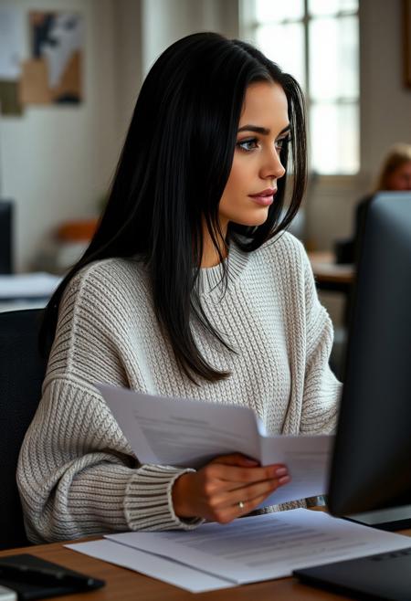 Professionnal quality photography, cowboy shot, side view, gorgeous French woman in her thirties, long silky black hair, light green eyes, no makeup, no earrings, oversized sweater, slightly tanned, sitting at a desk, rummaging through annoying paperworks