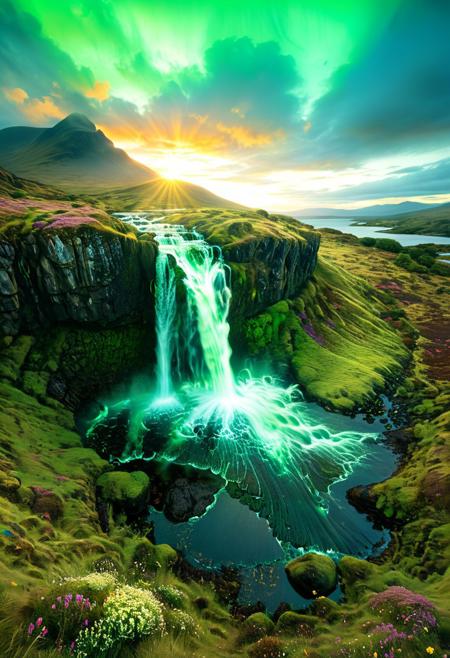 (by Ellen Jewett:1.5), (Bioluminescent Impressionism, Scottish highland  landscape, The Dreamland, green earth, heather, sky sunset, sunrise ,waterfall, ethereal landscapes, depth of field, biotech emotion:1.3) <lora:xl_more_art-full_v1:0.5> <lora:add-detail-xl:1> <lora:RMSDXL_Creative:2>