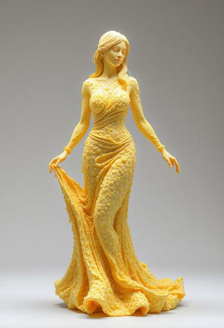 best quality, 4K,, 8k UHD, ultra-high resolution, ultra-high definition, highres, realistic, photorealistic, hyper realistic, highly intricate and detailed, absurd resolution BREAK, absurd res, 4K, gradient white-gray background, professional sculpture of a beautiful woman in a flowing long dress, made entirely of scrambled eggs. Both the dress and the woman are made entirely of scrambled eggs. Capture the texture and detail of scrambled eggs in her dress skin and hair. Scrambled egg dress, scrambled egg skin, scrambled egg hair,