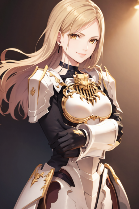 masterpiece, best quality, kisara, 1girl, blonde hair,  long hair,  yellow eyes, armor, bodysuit, crossed arms, earrings, gloves,looking at viewer, shoulder armor, smile, solo, upper body, simple background <lora:Kisara:1>