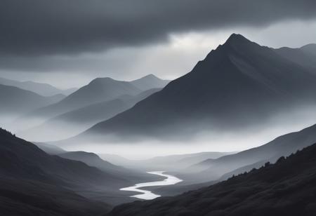 a moody, atmospheric landscape painting in the style of Kitty Lange Kielland and Michael Kenna, featuring dramatic lighting, misty mountains, and serene natural beauty, rendered in a monochromatic palette with subtle hints of color.