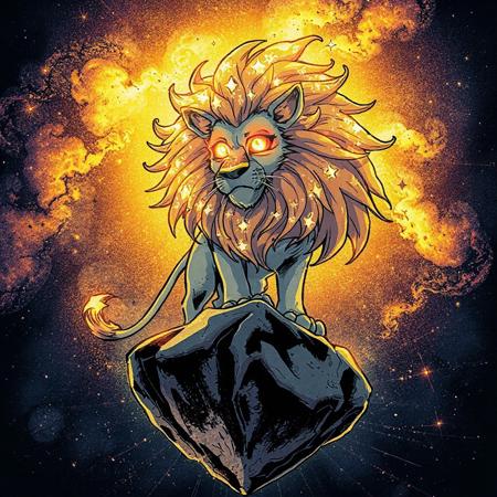 Special Ink-drawing mode, animeniji, Mh1$AgThS2, 2D flat anime, cartoon-style, intricate linework with expressive contrasts, soft lighting with dynamic highlights, WLOP, nistyle, in the style of ck-mgs,, A visually striking artwork of a celestial lion with a mane of shimmering stardust, standing atop a floating rock in deep space. Its golden eyes burn with cosmic energy, while nebulae and constellations swirl around it, creating a surreal and otherworldly ambiance.
