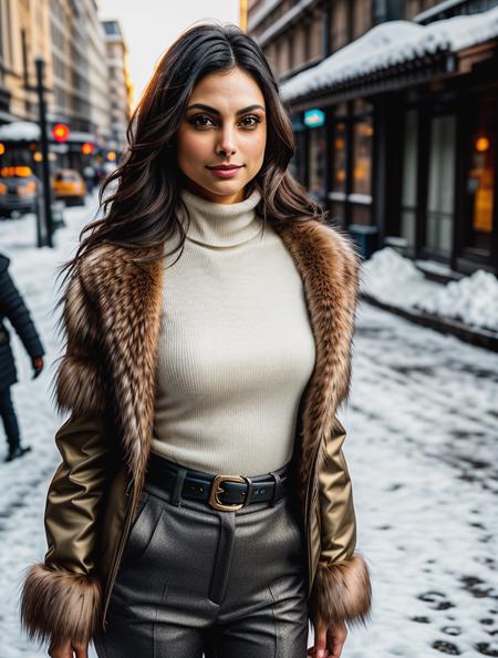 beautiful woman (morb4cc4r1n:.99), beautiful hair, winter Paris, elegant, snowing, natural skin texture, (fashionable fur coat), ((turtleneck)), ((designer pants)), sunset, cute smile, 24mm, 4k textures, soft cinematic light, adobe lightroom, photolab, hdr, intricate, elegant, highly detailed, sharp focus, ((((cinematic look)))), soothing tones, insane details, intricate details, hyperdetailed, low contrast, soft cinematic light, exposure blend, hdr, faded<lora:more_details:.6> <lora:wowifierV3:.6>