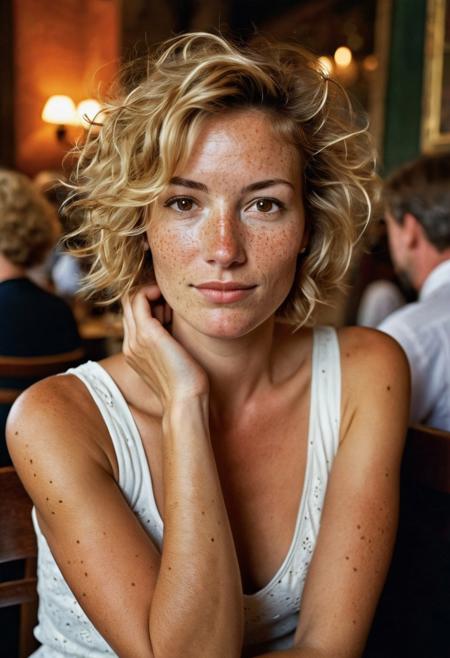 Stunning 35mm photo of a 42 years old Dutch woman, ((sleeveless white top)), ((amazing skirt)) very pretty, fit, skinny, highly detailed face, highly detailed skin, freckles, many freckles on arms and tits, freckles and moles all over body, natural breasts, perfect breasts, hard nipples, Rounded ass, blonde hair, pubic hair, short hair, messy hair, medium hair, brown eyes, highly detailed skin, highly detailed face, in love, happy, sitting across of viewer at dinner for two at a restaurant in Sienna in Tuscany, low light, soft natural light, Rembrandt style light, made with a Hasselblad camera, 35mm, film grain, masterpiece, sharp focus, ((Photorealistic:1))