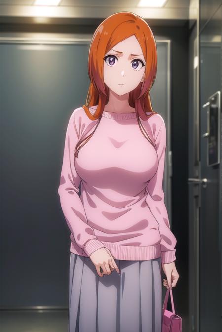 inoueorihime, <lora:originalinoueorihime-lora-nochekaiser:1>,
inoue orihime, long hair, orange hair, (grey eyes:1.5),
BREAK sweater, (pink sweater:1.5), long sleeves, puffy sleeves, skirt, blue skirt, long skirt,
BREAK looking at viewer, full body,
BREAK indoors, classroom,
BREAK <lyco:GoodHands-beta2:1>, (masterpiece:1.2), best quality, high resolution, unity 8k wallpaper, (illustration:0.8), (beautiful detailed eyes:1.6), extremely detailed face, perfect lighting, extremely detailed CG, (perfect hands, perfect anatomy),