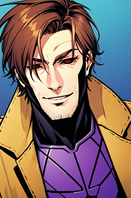 <lora:Remy_Lebeau:0.7>  Le Diable Blanc, Gambit, Remy Lebeau, detailed eyes , detailed face, shiny skin, masterpiece, best illustration, 1boy, male focus, solo, facial hair, stubble, colored sclera, red eyes, black sclera, brown hair, smile, upper body, bodysuit, parted lips, jacket, cropped torso, looking at viewer