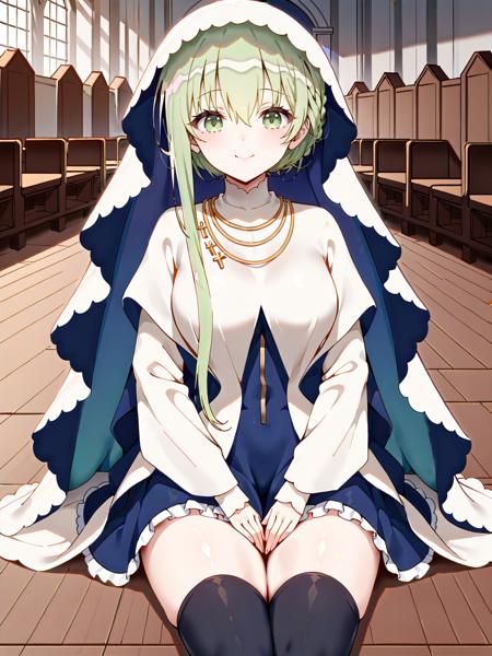 cecilia, 1girl, green hair, long hair, green eyes, hair between eyes, very long hair, thighhighs, ((single sidelock)), asymmetrical hait, white thighhighs, 