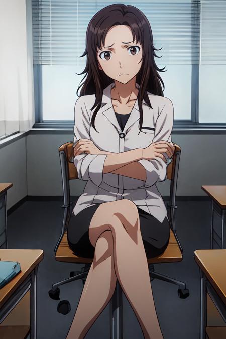 (masterpiece, best quality:1.2), highres, anime screencap, anime coloring, 1girl, solo, frown, 
Tomoko_Kawada_V1, mature female, brown hair, long hair, brown eyes, 
teacher, white shirt, sleeves rolled up, collarbone, black skirt, pencil skirt, see-through legwear, pumps, 
sitting on chair, crossed legs, crossed arms, 
indoors, classroom, office chair, looking at viewer, facing viewer, 
<lora:add_detail_CyberAlchemist:0.4>, <lora:GoodHands-beta2:0.8>, <lora:TomokoKawadaV1-000009:0.8>