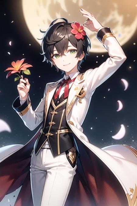 <lora:Ain-05:0.5> , ain, solo, looking at viewer, smile, short hair, black hair, hair ornament, long sleeves, 1boy, ribbon, holding, hair between eyes, closed mouth, green eyes, jacket, flower, male focus, pants, hair flower, blurry, arm up, red ribbon, petals, night, moon, red flower, full moon, white pants