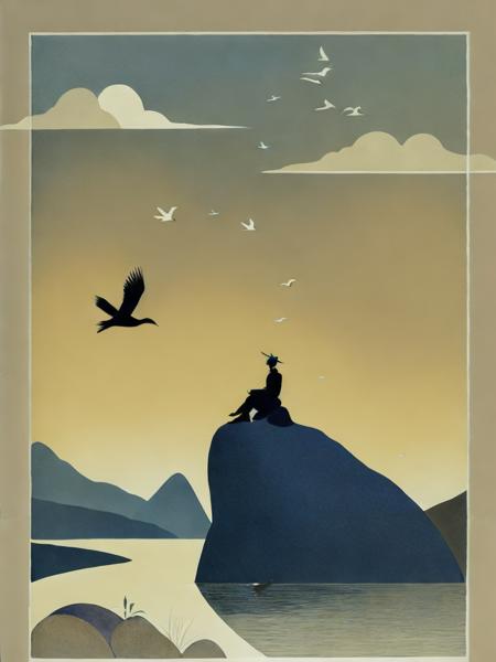 <lora:LotteReiniger:1>a painting of a man sitting on a rock by a river with a bird flying above him by Lotte Reiniger