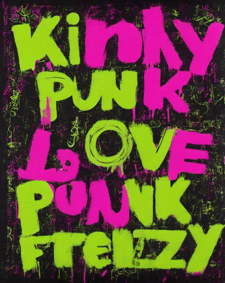 text: ("KINKY PUNK, LOVE FRENZY").  Iconic, jamie reid style typography, contemporary, pop art, shocking pink, lime green, anarchy, black, <lora:so77-XL:0.2>