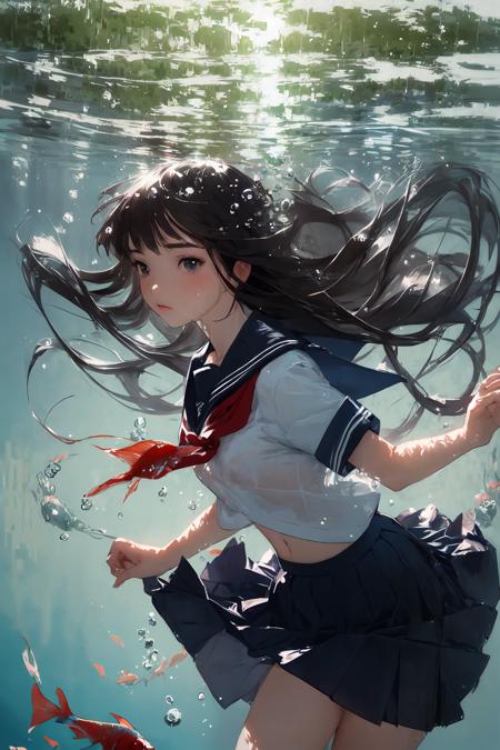 bubble, rating:safe, air_bubble, underwater, 1girl, fish, long_hair, submerged, school_uniform, serafuku, solo, water, skirt, neckerchief, short_sleeves,(Impressionism:1.4),