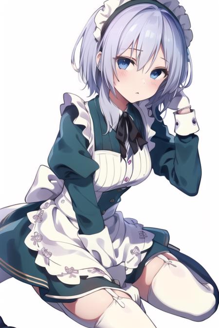 masterpiece, best quality,1girl, solo,himeji shirayuki,whtie hair,medium hair,blue eyes,long sleeves,juliet sleeves,apron,mary janes,maid,maid headdress,puffy sleeves,green dress,vest,buttons,garter straps, white thighhighs,<lora:himeji:0.8>,sitting, looking at viewer, white background, simple background, 
