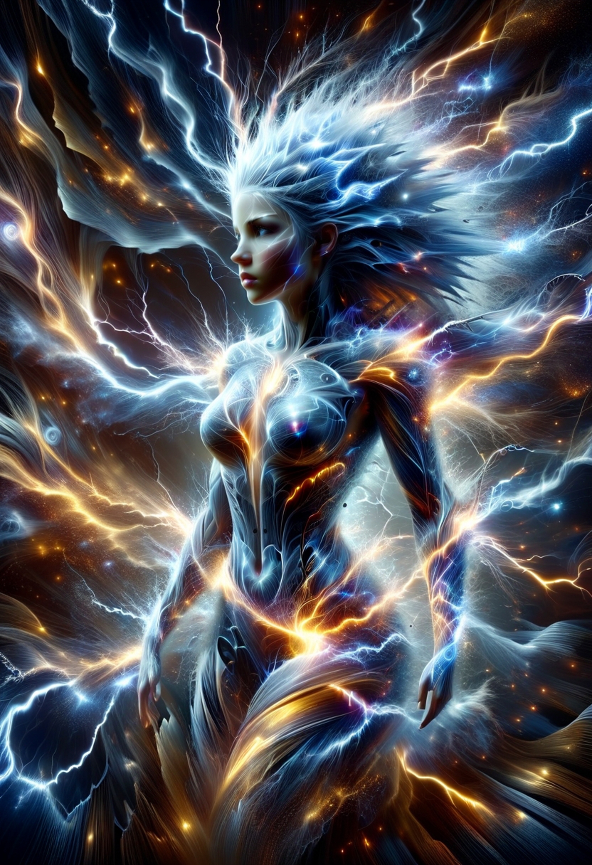 A Digital Art Image of a Woman with Lightning Bolts and Colorful Hair.