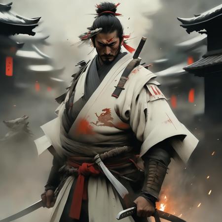 a samurai with white armor and evil mask, with dragon fire in hands, at the broken japanese city, blood splash, greg rutkowski and jakub rebelka, style from greg rutkowski, feudal japan art, christophe young eytan zana concept art, greg rutkowski and moebius, matured japanese art style, more negative space