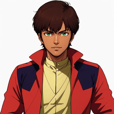 masterpiece,high quality,white background,simple background,
<lora:judauashta001:0.7>,solo,
judau_ashta,1boy,
short hair,brown hair,green eyes,dark skin,
red jacket,open jacket,