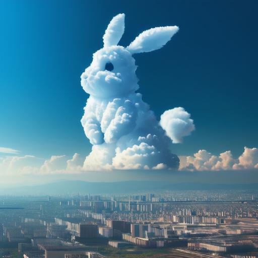 The image features a large, fluffy white bunny rabbit floating in the sky above a city. The rabbit appears to be made of clouds, giving it a unique and whimsical appearance. The city below is filled with buildings, creating a contrast between the playful rabbit and the urban landscape. The scene captures a sense of wonder and imagination, as the rabbit seems to be soaring effortlessly through the air.