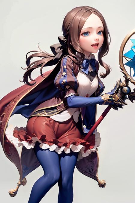 masterpiece, best quality,1girl, leonardo da vinci (fate), leonardo da vinci (rider) (fate), solo, single gauntlet, brown hair, gloves, long hair, puffy sleeves, parted bangs, puffy short sleeves, staff, blue eyes, brown footwear, puff and slash sleeves, blue gloves, red skirt, blue pantyhose, short sleeves, full body, gauntlets, smile, shoes, open mouth, skirt, holding staff, holding, looking at viewer, bangs, pantyhose, loafers, bow, star (symbol), :d,  elbow gloves, simple background, forehead, dress, breasts, standing, frills, blue bow, bowtie, frilled skirt, cape, ponytail, shirt, blush, blue bowtie, brown dress,(kbxll:0.6)