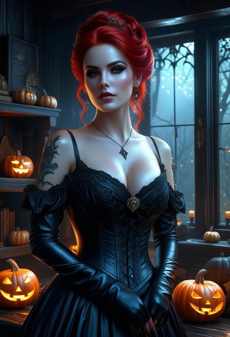 Ultra detailed digital art masterpiece, face portrait, mysterious dark Witch woman, a cute magical creature like a Witch standing in the Shack, realistic black rose, ultra detailed Witch's Mysterious Shack, in year 1880, victorian style, Halloween decorations including pumpkins, Witch's mysterious black cat on the windowsill, rose flower style, white marble, old dark solid wood, victorian decals, perfect lighting, elegant, Tom Bagshaw, Anne Bachelier, unreal engine 5 nanite quality, mixed with dark elements, dark environment, very dark night, clean dark velour witch clothing, dark washed out eyeliner, no make up, natural pale face, nose piercing, abstract, big shiny brown eyes, ultra detailed atmospheric details, beautiful glowing effects, sparkle effects, realistic body proportions, beautiful face proportions, complex masterpiece, wild red hair style, creative glowing detailed tattoos, complex physics, enhanced colors, complimentary colors, ultra detailed raytracing reflections, Ultra detailed complex background, environment feels alive, direct eye contact, dramatic lighting, wet and sweaty skin, beautiful firm Breasts, Concept art portrait by Greg Rutkowski