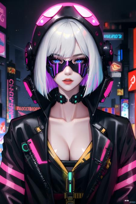 1girl, bangs, white hair, blue eyes, fashi-g,bob cut,short hair, cleavage, collarbone, open jacket,mecha,cyberpunk,neon lights,mechanical mask