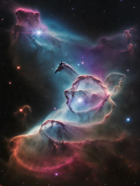 outer space transparent (horse shape) nebulae cosmic fog mist shape (nebula beautiful full cloaked (shadow transparent) horse shape:1.1), (8k, hubble telescope image)