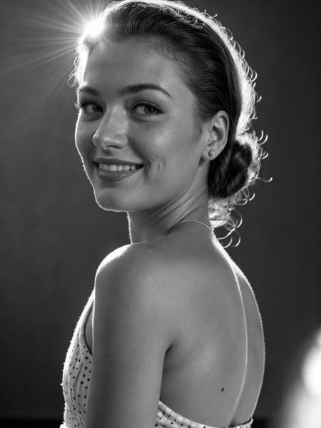 1950's, portrait photo of 1woman smile, dim backgruound, 1 spotlight hits the face from top to bottom, perfect detailed eyes, natural skin, hıgh contrast, hard grain, dramatic shadows, sephia