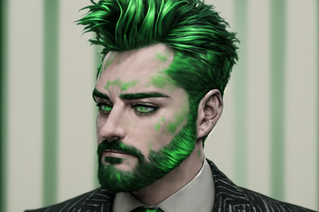 <lora:slimeTutorialFamily_beetlejuice:.6>  1boy, male focus, solo, Slime Tutorial, Alex Brightman as Beetlejuice, masculine, green hair,(masterpiece, best quality,ultra-detailed, highres, male focus), perfect face, side lighting, lustrous skin,(bloom), (shine), lighting, ray tracing, male focus, necktie, facial hair, 1boy, beard, formal, suit, green hair, striped,, bright green hair, mustache, manly, looking at viewer, green necktie, pants, shirt, jacket, pinstripe suit,depth_of_field, very detailed background, highly detailed background, Masterpiece, Ultra detailed, great composition, (Highest picture quality), (Master's work), depth of field, solo, extreme light and shadow, masterpiece, rich in detail, (highest quality), (masterpiece), (detailed eyes), (handsome) detailed, beautiful detailed eyes,(straight-on),(masterpiece), (best quality), (ultra-detailed), (best illustration),(best shadow),perfect lighting , perfect anatomy , vivid colors