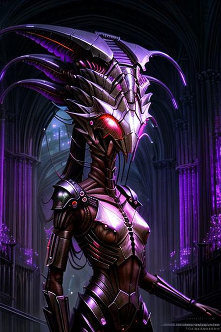 portrait of crab mantis female goddess, (long neck, slender arms)), bio Plate armour, massive headdress, luminesce purple glowing, cathedral background atmosphere,