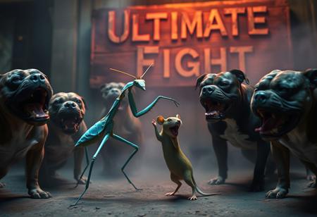 “A hyper-realistic scene of a pale blue mantis dancing gracefully with a greenish mouse, surrounded by four pitbulls barking hysterically, their expressions intense and exaggerated. The setting is captured with optics broadcast cinema anamorphic lenses, adding subtle lens flares and a slight edge blur for a filmic effect. Studio lighting highlights the intricate textures on the mantis’s limbs, the mouse’s soft fur, and the muscular build of the pitbulls, creating a surreal yet lifelike atmosphere. In the slightly blurred background, a rotten wooden sign reads ‘Ultimate Fight’ in faded letters, adding a gritty, underground feel to the scene. Neon hues and fog soften the surroundings, amplifying the eerie, dreamlike ambiance.”