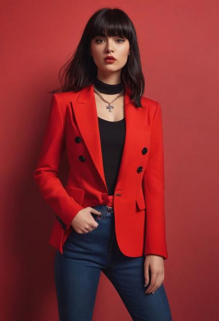 The image is a digital illustration or rendering of a young woman with a bold, Imagine girl in high heels, edgy aesthetic. She has dark, shoulder-length hair with blunt bangs framing her facial features. Her expression is intense and slightly confrontational, with furrowed brows and a pursed lip., 
The woman is wearing a bright red blazer or jacket over what appears to be a black turtleneck sweater or top. The jacket has a sharp, tailored cut, accentuating her slim figure. A delicate cross necklace adds a subtle accent., 
The background is a solid, vibrant red color, creating a striking contrast with the woman's dark hair and drawing attention to her face and upper body. The overall style is highly stylized and digital, with smooth textures and a somewhat surreal, graphic novel-inspired quality., 
The combination of the bold red hue, the woman's assertive gaze, and her powerful yet fashionable outfit conveys a sense of confidence, intensity, and perhaps a hint of defiance or rebellion. The image exudes a contemporary, urban vibe with a touch of mystery and attitude.