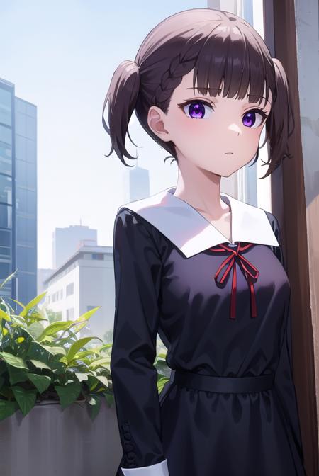 makishijou, <lyco:makishijou-lyco-nochekaiser:1>,
maki shijou, bangs, blunt bangs, (purple eyes:1.1), twintails, two side up, braid, short twintails,
BREAK long sleeves, dress, ribbon, school uniform, black dress, red ribbon, neck ribbon, collared dress, shuuchiin academy school uniform,
BREAK outdoors,
BREAK looking at viewer, (cowboy shot:1.5),
BREAK <lyco:GoodHands-beta2:1>, (masterpiece:1.2), best quality, high resolution, unity 8k wallpaper, (illustration:0.8), (beautiful detailed eyes:1.6), extremely detailed face, perfect lighting, extremely detailed CG, (perfect hands, perfect anatomy),