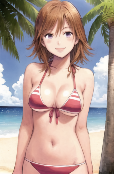 1girl <lora:kanna-08:0.7> endou_kanna, solo, 1girl female_focus , manga, smile, upper body, kawaii, smile, light smile, cute, beach, bikini,