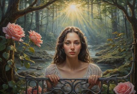 highly detail oilpainting, detailled face, of a mystical forest, sunbeams breaking through the treetops, a romantic river, a old steel bed full of roses, with a beautiful woman on it, looking at viewer