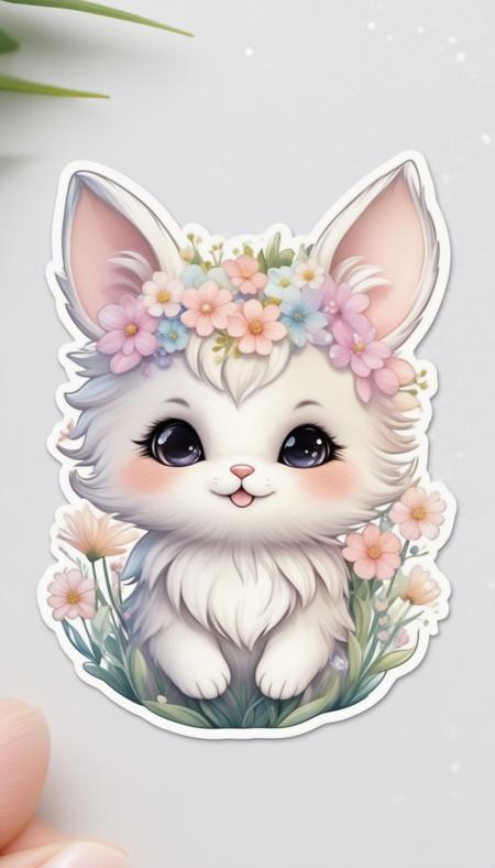 Sticker of a cute, round little animal with big, sparkling eyes and a gentle smile on its face. It has soft, pastel-colored fur. The small critter is surrounded by dainty, heart-shaped flowers in complementary pastel shades, adding to the sticker's overall charm.The white background provides the perfect canvas for this adorable creature, allowing its pastel features to pop and catch the eye. The sticker design exudes a warm and playful energy, making it an endearing addition to any item it adorns.