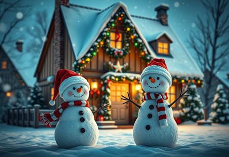 A highly detailed photorealistic image of a small-town house during Christmas, captured from a medium distance. The house is decorated with festive garlands, colorful lights, and a snow-covered roof. In front of the house, two lifelike snowmen stand side by side, both wearing Santa hats and smiling warmly. The surrounding scene features falling snow, with soft lighting that highlights the cozy and magical holiday atmosphere.
<lora:aidmaMJ6.1v0.4:0.6> aidmaMJ6.1  <lora:AntiBlur:1>