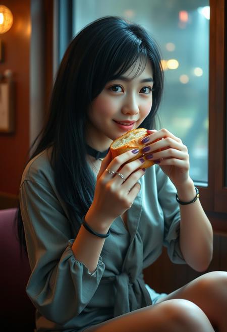 realistic lighting, photo, photorealistic, a 18 years old female, petite, long hime cut hair, black hair, yellow eyes, small breasts, saggy breasts, puffy nipples, small waist, wide hips, toned female, abs, choker, arm bracelet, rings, mascara, cameltoe, fat mons, cheerful, tied shirt, dynamic sitting pose, eating a sandwich, indoors, scenery, (cinematic angle, cinematic lighting, backlighting, ray light, volumetric light)