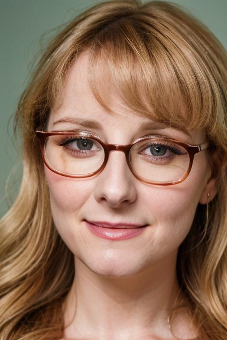 a close up portrait of melissa rauch as bernadette rostenkowski wearing glasses, taken on a leica medium format camera <lora:meldette:1>