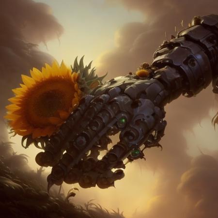 a broken robot hand with sunflowers growing through the joints. Low angle close up shot. Art by smoose2