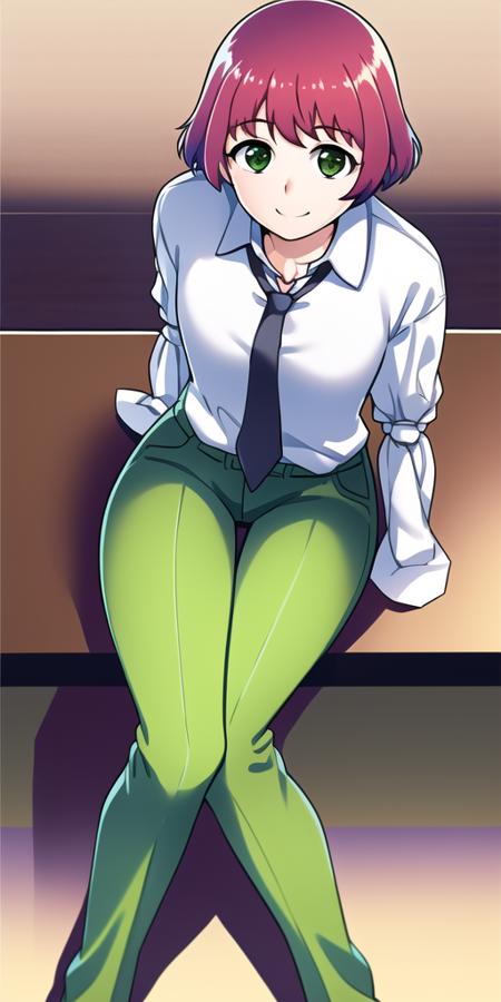 realistic, high quality, <lora:steampunkengis_katawashoujo_rintezuka:1>, 1girl, solo, no arms,  two legs, green eyes, red hair, smile, sitting, green pants, white shirt, necktie looking at viewer, (armless amputee:1.2),