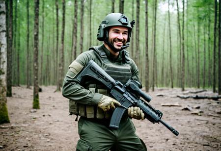 score_9, score_8_up, score_7_up, score_6_up, A young man in a Follout-style combat green jumpsuit with metal protective pads on his shins, hips, forearms and shoulders in a light Kevlar bulletproof vest, tactical helmet and with a halil-type assault rifle in his hands. Scratch on the right cheek, smeared with mud, happy expression. pale skin, military camp in the forest background,  aesthetic, wrist tattoo, smiling