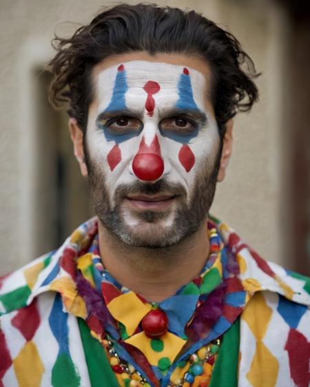 <lora:Fares_Fares:0.8> portrait photo of Fares Fares in a clown costume, face paint, front view, in front of a bulding, middle-aged daddy, skin detail, pores, (messy:1.2) medium long hair, studio light, natural lighting, 4k uhd, dslr, soft lighting, high quality, Fujifilm XT3