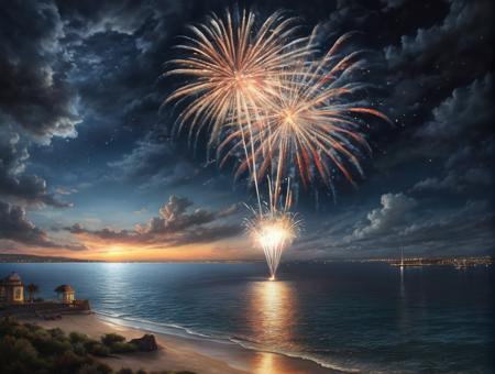 Hyperrealistic art fireworks,sky,cloud,night,scenery,water,ocean,night sky,aerial fireworks,cloudy sky,reflection,horizon,masterpiece,best quality, . Extremely high-resolution details, photographic, realism pushed to extreme, fine texture, incredibly lifelike