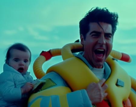 film shot from a movie by james cameron of jessewatters person low wide angle shot holding a ((Jacket)) and a ((baby Angel )) on an alien spaceship with cyborg alien wome. color film still from 1989 sci-fi movie thriller Leviathan. with a ((life preserver in his hand)) is screaming at the camera ((terrified facial expression)),