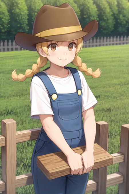 <lora:BreederLora-10:0.7>, breeder, overalls, white shirt, smile, wooden fence, field, twin braids, hat, brown eyes,