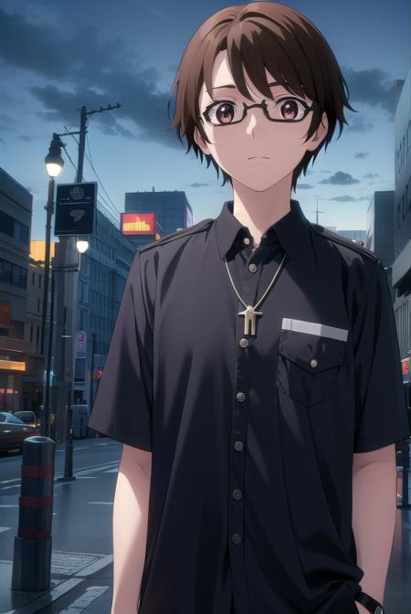 soutamizushino, <lora:souta mizushino s1-lora-nochekaiser:1>,
souta mizushino, brown hair, (brown eyes:1.3), male focus, glasses,
BREAK shirt, jewelry, necklace, uniform, pocket, pants, black pants,
BREAK outdoor, city, night, sky, buildings, moon, clouds,
BREAK looking at viewer, (cowboy shot:1.5),
BREAK <lyco:GoodHands-beta2:1>, (masterpiece:1.2), best quality, high resolution, unity 8k wallpaper, (illustration:0.8), (beautiful detailed eyes:1.6), extremely detailed face, perfect lighting, extremely detailed CG, (perfect hands, perfect anatomy),