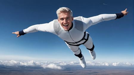 Full body shot, realistic photo of Malkosinuter, a young man with short white hair and deep blue eyes, soaring through the sky in a futuristic vessel that blends elements of a mini rocket. He showcases cyber enhancements, adding a high-tech, sci-fi element to his look. Wearing a white turtleneck sweater made from advanced textile, his expression is one of excitement and joy, with a broad smile. Highlight the clarity and intensity of his deep blue eyes and the modern, unique texture of the sweater. The backdrop of clouds and the vast sky emphasizes the exhilaration of high-speed, high-altitude travel, underlining his adventurous and cutting-edge style.